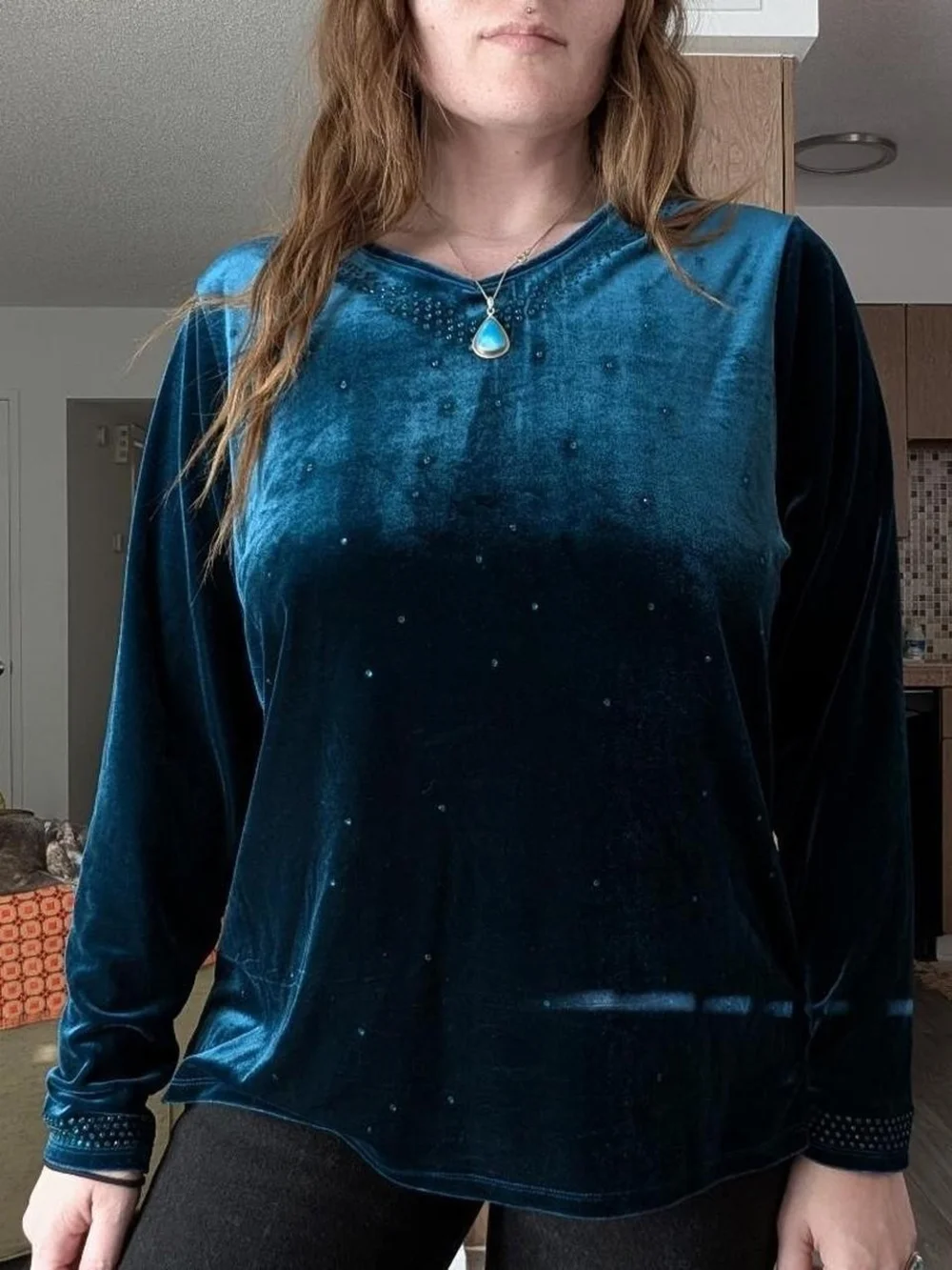 Turquoise Velvet Long-Sleeve Top